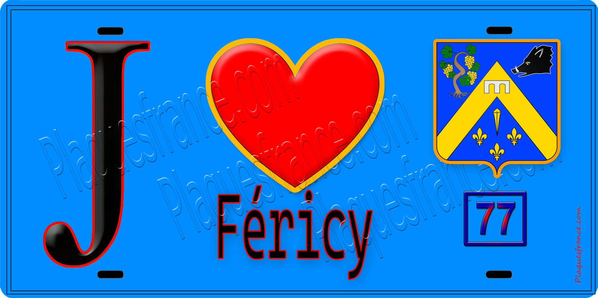 Plaque métal décorative  J' ❤️Féricy, Seine et Marne (77) fond bleu