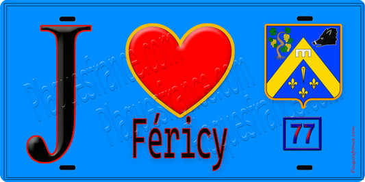 Plaque métal décorative  J' ❤️Féricy, Seine et Marne (77) fond bleu