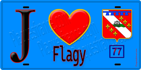 Plaque métal décorative  J' ❤️Flagy, Seine et Marne (77) fond bleu