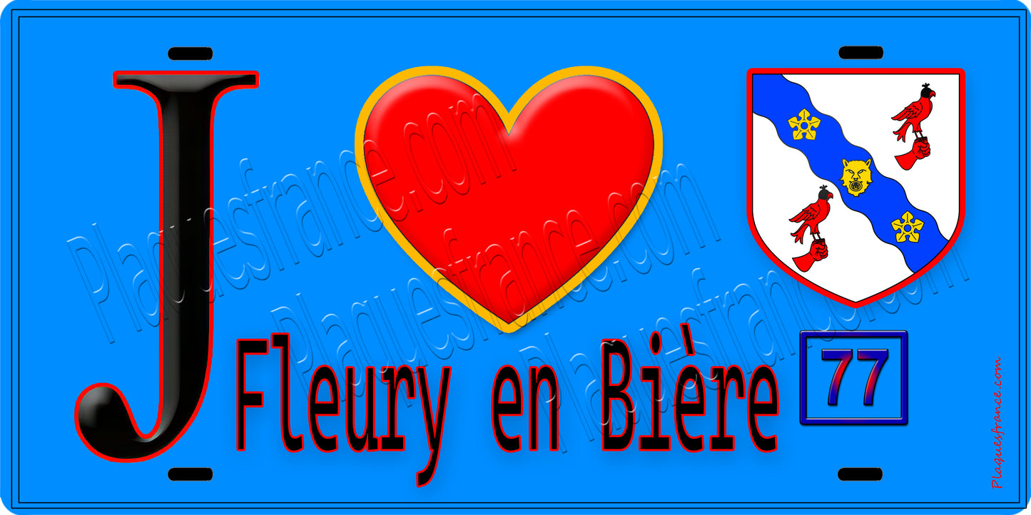 Plaque métal décorative  J' ❤️Fleury-en-Bière, Seine et Marne (77) fond bleu