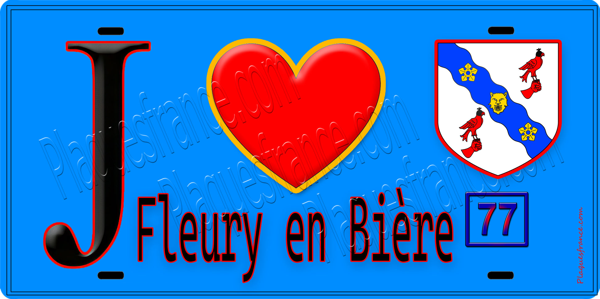 Plaque métal décorative  J' ❤️Fleury-en-Bière, Seine et Marne (77) fond bleu