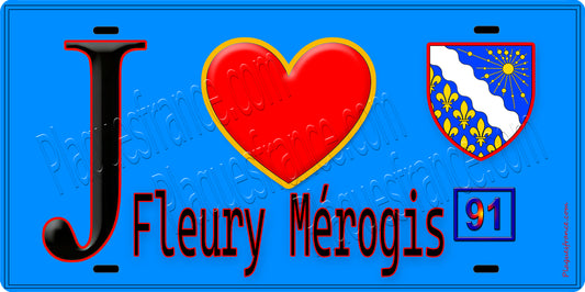 Plaque métal décorative  J' ❤️Fleury-Mérogis, Essonne (91) fond bleu