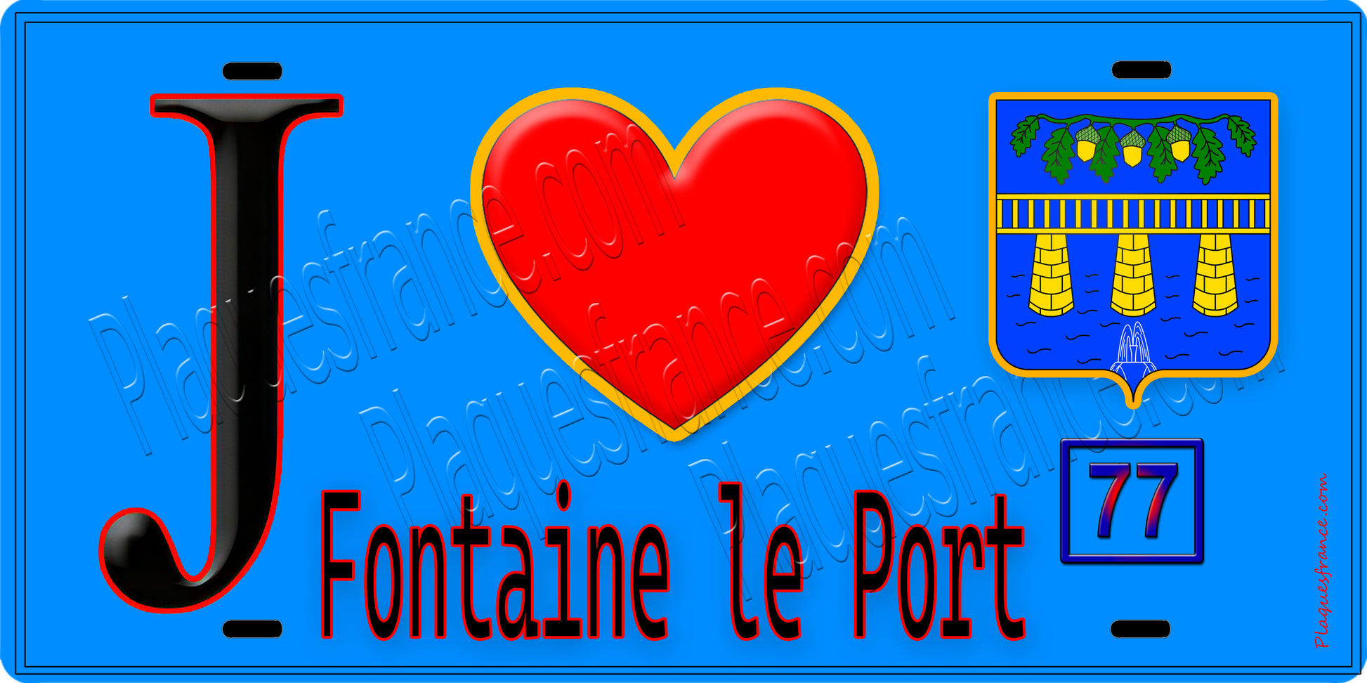 Plaque métal décorative  J' ❤️Fontaine-le-Port, Seine et Marne (77) fond bleu