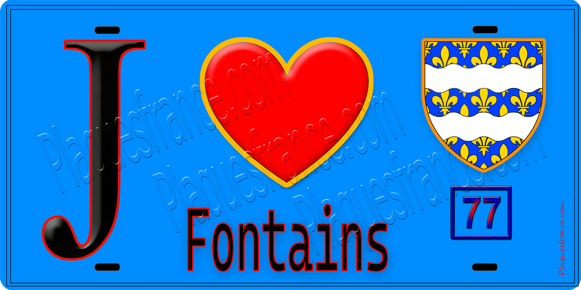 Plaque métal décorative  J' ❤️Fontains, Seine et Marne (77) fond bleu