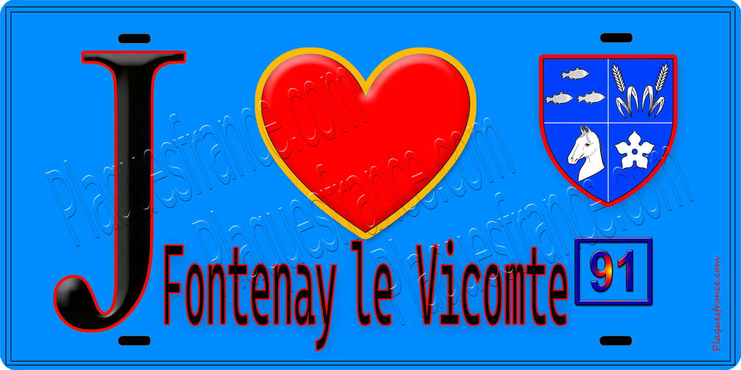 Plaque métal décorative  J' ❤️Fontenay-le-Vicomte, Essonne (91) fond bleu