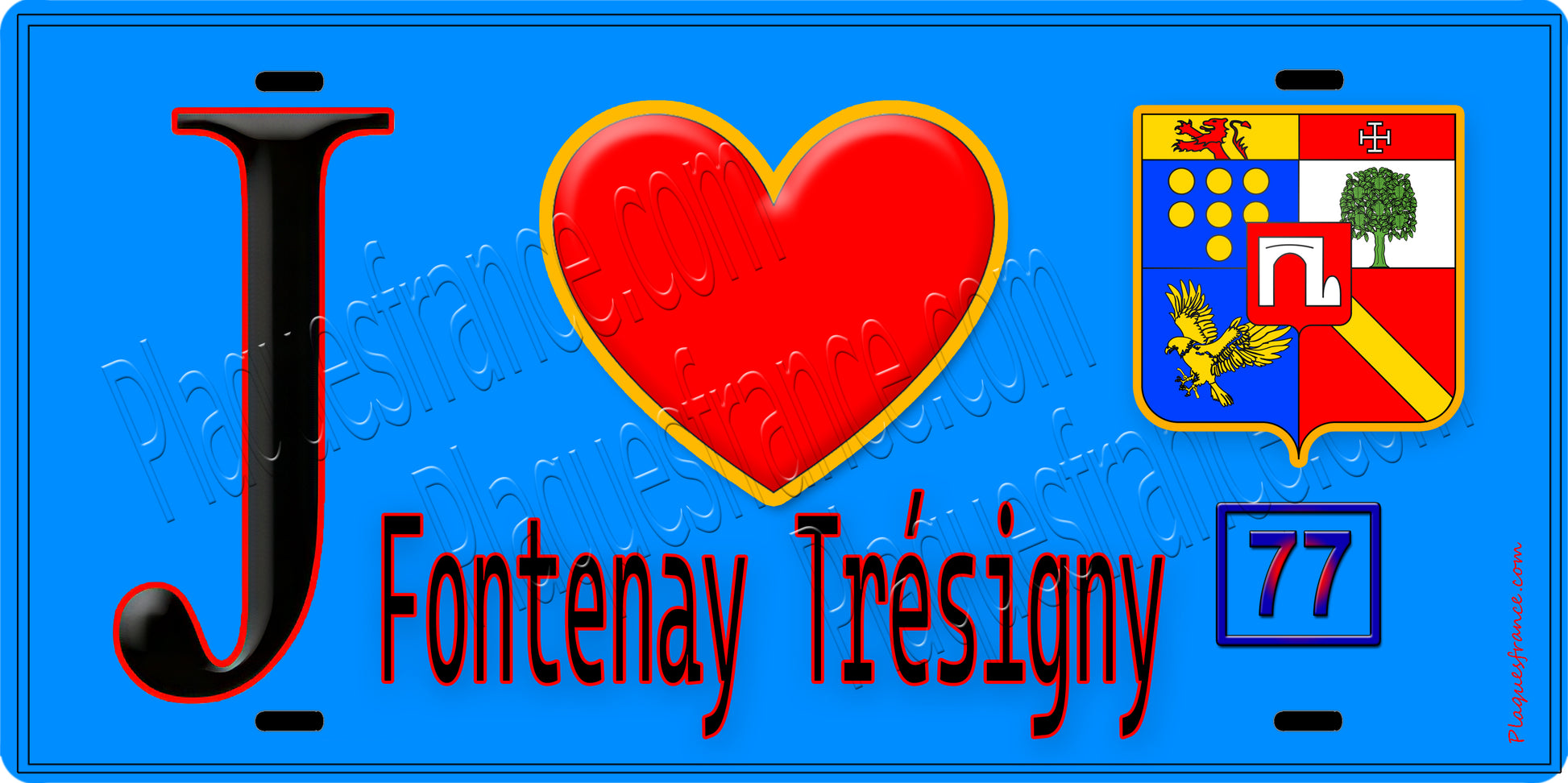 Plaque métal décorative  J' ❤️Fontenay-Trésigny, Seine et Marne (77) fond bleu