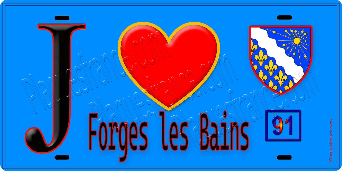 Plaque métal décorative  J' ❤️Forges-les-Bains, Essonne (91) fond bleu