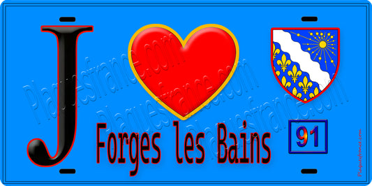 Plaque métal décorative  J' ❤️Forges-les-Bains, Essonne (91) fond bleu