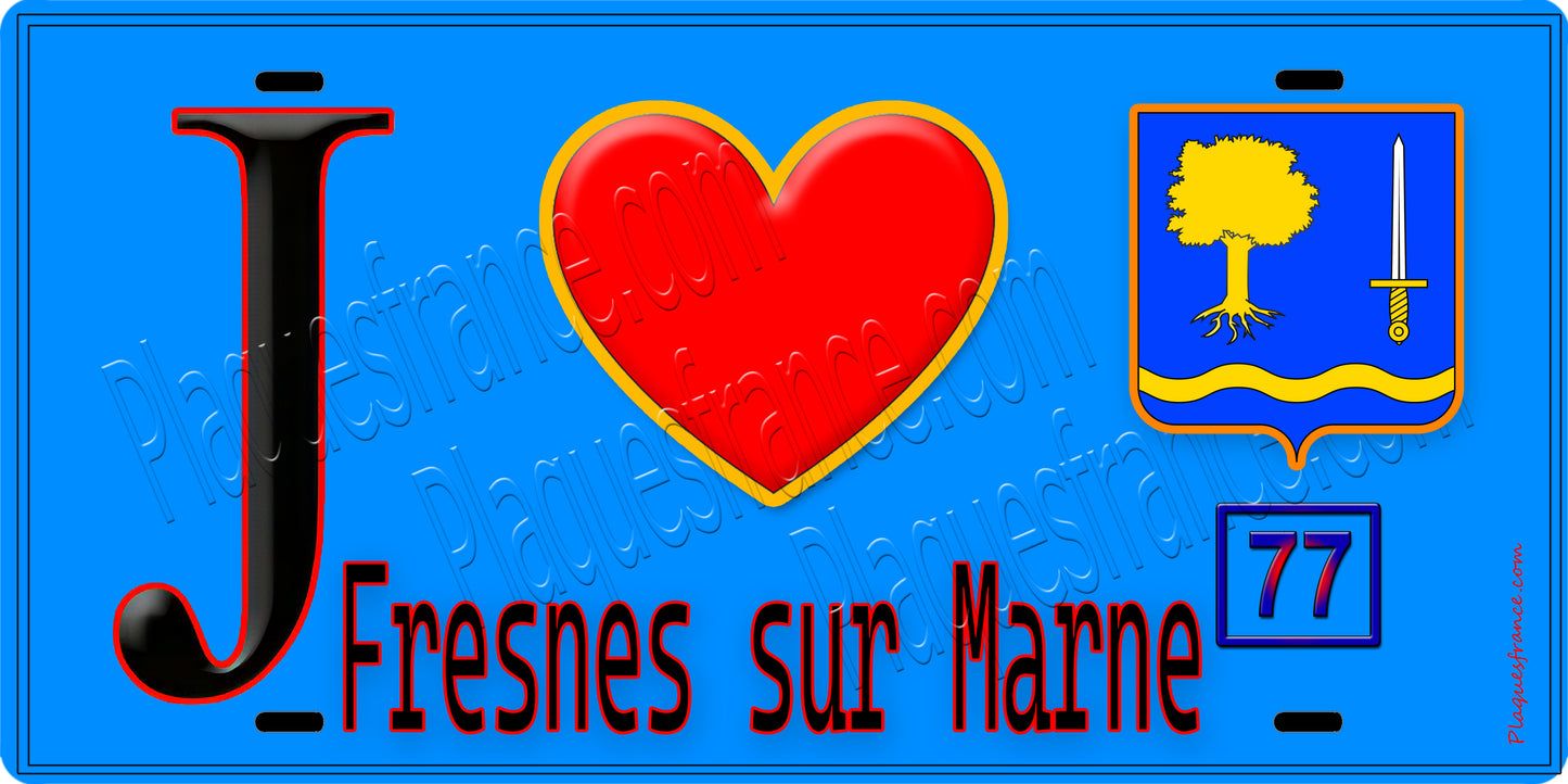 Plaque métal décorative  J' ❤️Fresnes-sur-Marne, Seine et Marne (77) fond bleu