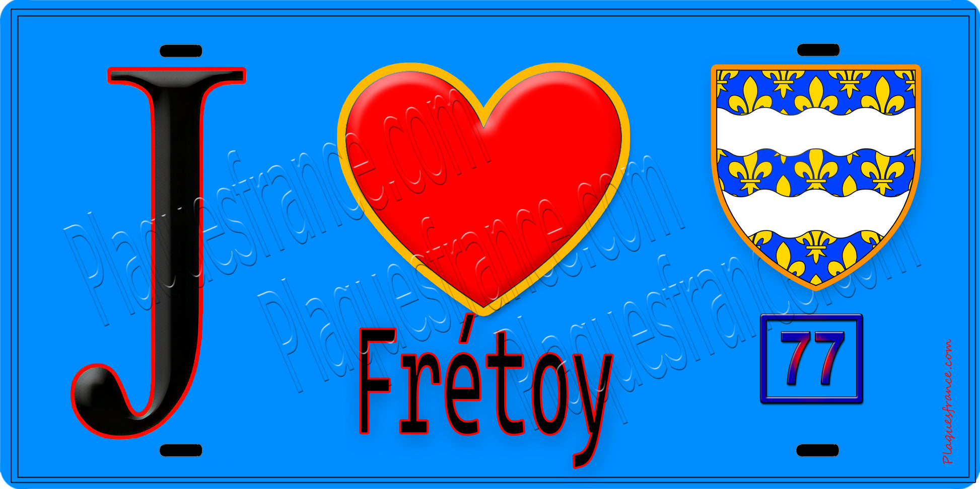 Plaque métal décorative  J' ❤️Frétoy, Seine et Marne (77) fond bleu