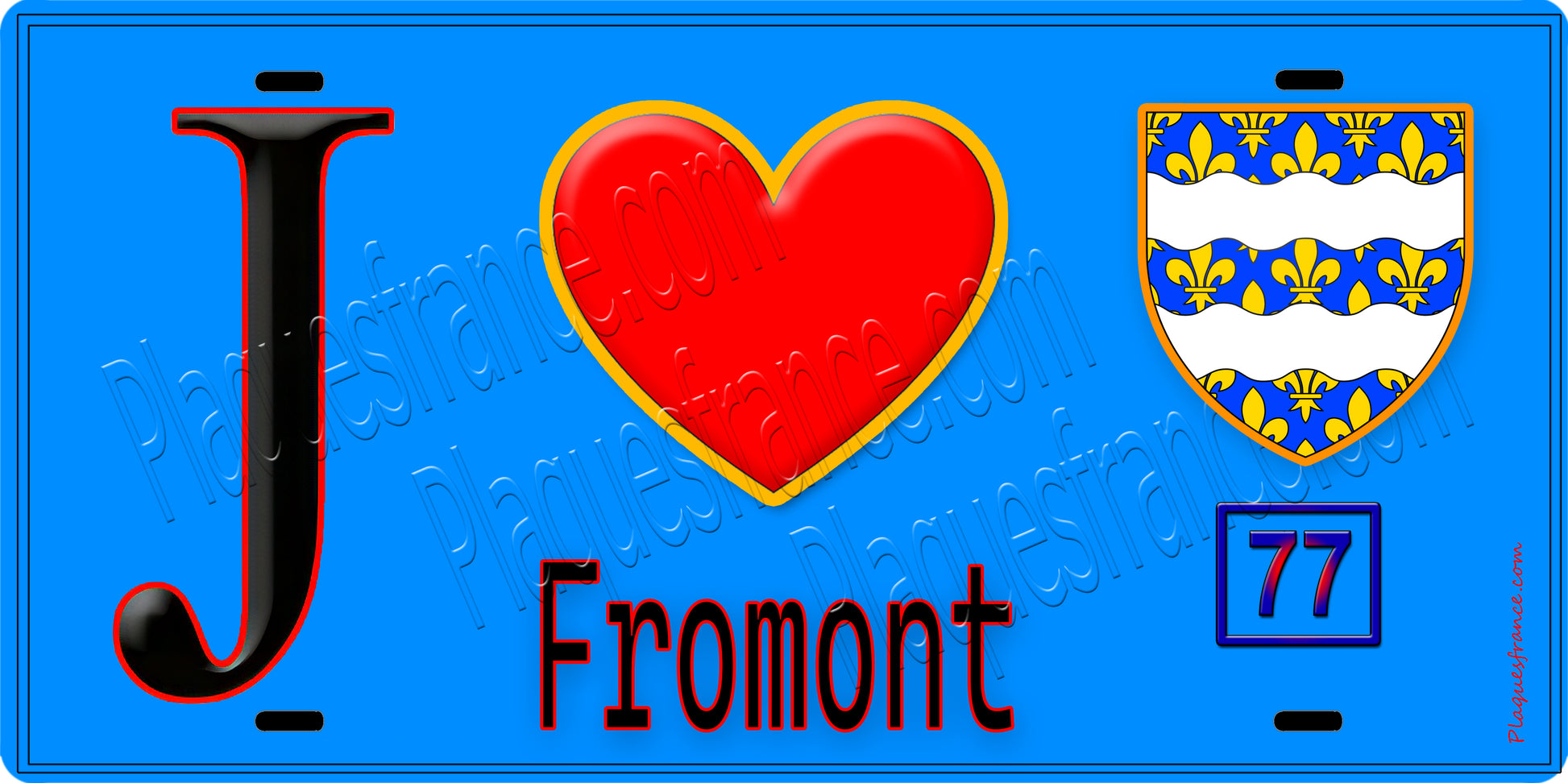 Plaque métal décorative  J' ❤️Fromont, Seine et Marne (77) fond bleu
