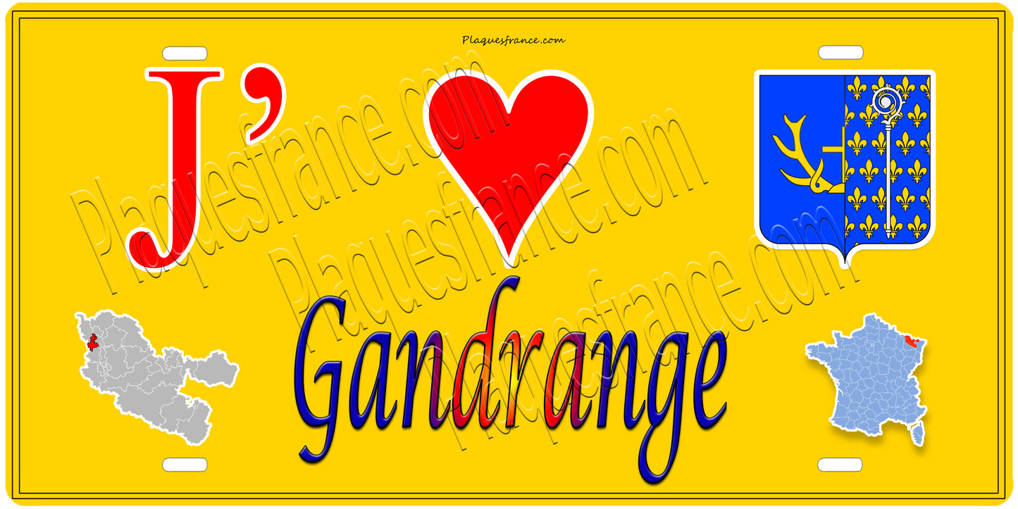 Plaque métal décorative 15 x 30 cm fond  mur jaune carte J' ❤️Gandrange, canton Hayange 57