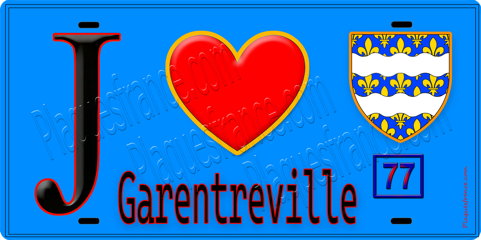 Plaque métal décorative  J' ❤️Garentreville, Seine et Marne (77) fond bleu