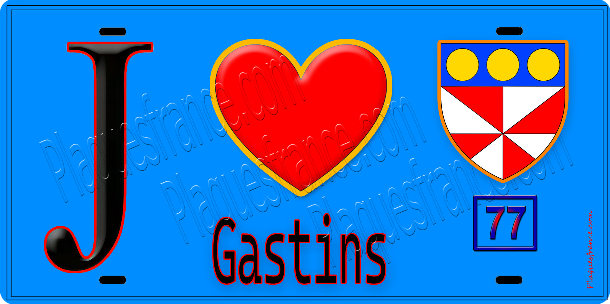 Plaque métal décorative  J' ❤️Gastins, Seine et Marne (77) fond bleu