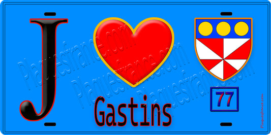 Plaque métal décorative  J' ❤️Gastins, Seine et Marne (77) fond bleu