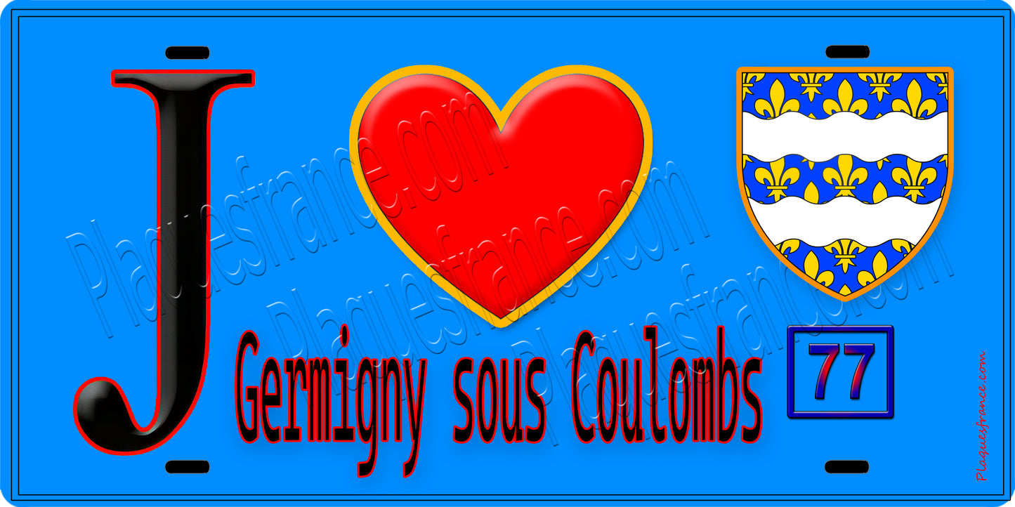 Plaque métal décorative  J' ❤️Germigny-sous-Coulombs, Seine et Marne (77) fond bleu