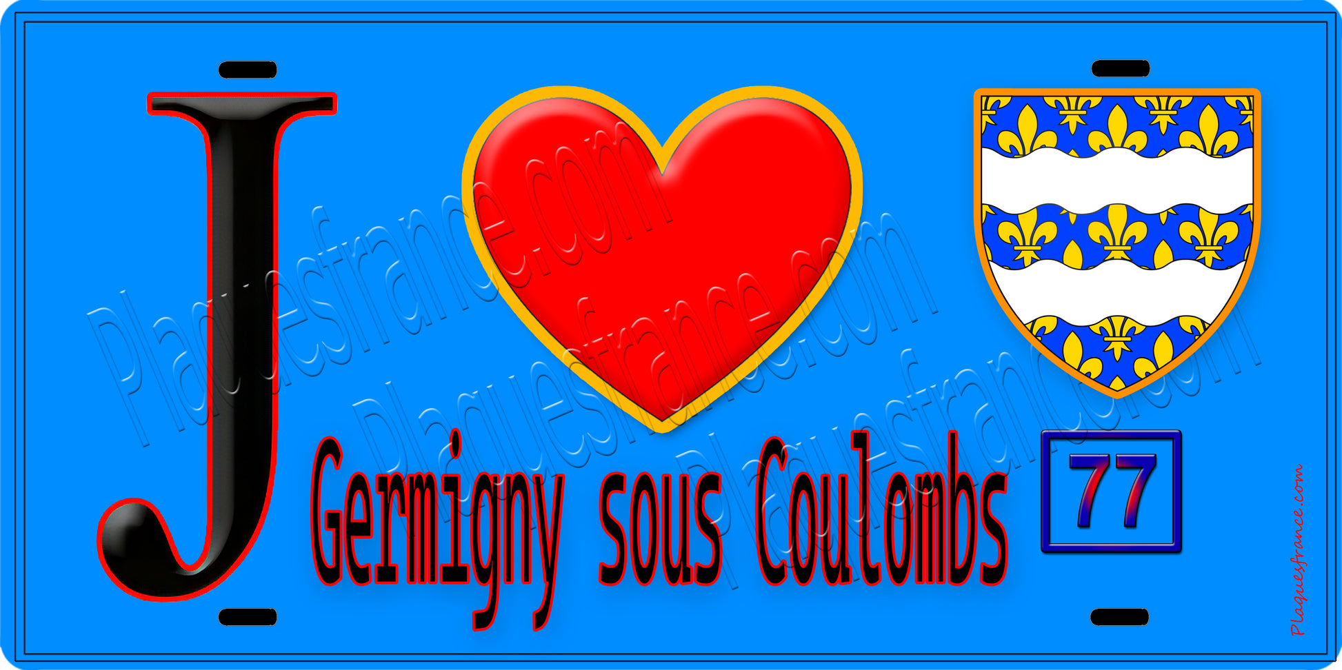 Plaque métal décorative  J' ❤️Germigny-sous-Coulombs, Seine et Marne (77) fond bleu