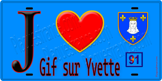 Plaque métal décorative  J' ❤️Gif-sur-Yvette, Essonne (91) fond bleu