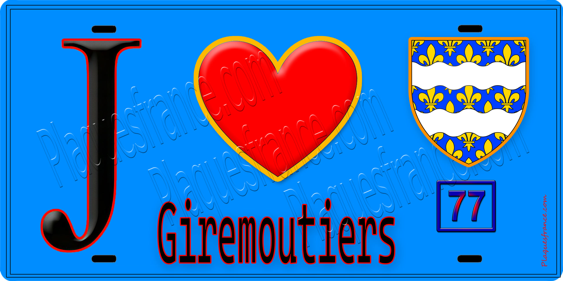 Plaque métal décorative  J' ❤️Giremoutiers, Seine et Marne (77) fond bleu