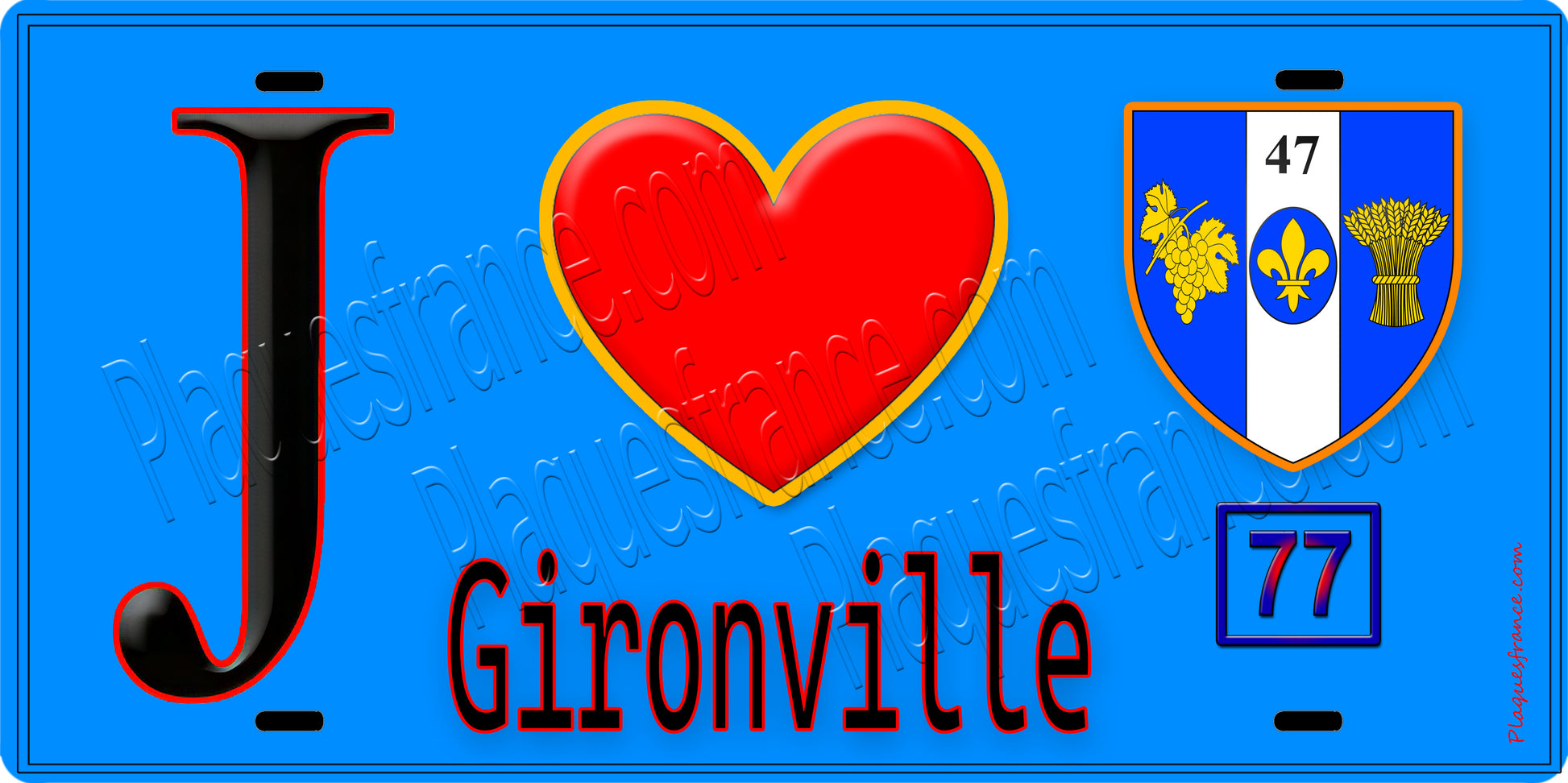 Plaque métal décorative  J' ❤️Gironville, Seine et Marne (77) fond bleu
