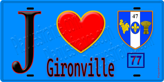 Plaque métal décorative  J' ❤️Gironville, Seine et Marne (77) fond bleu