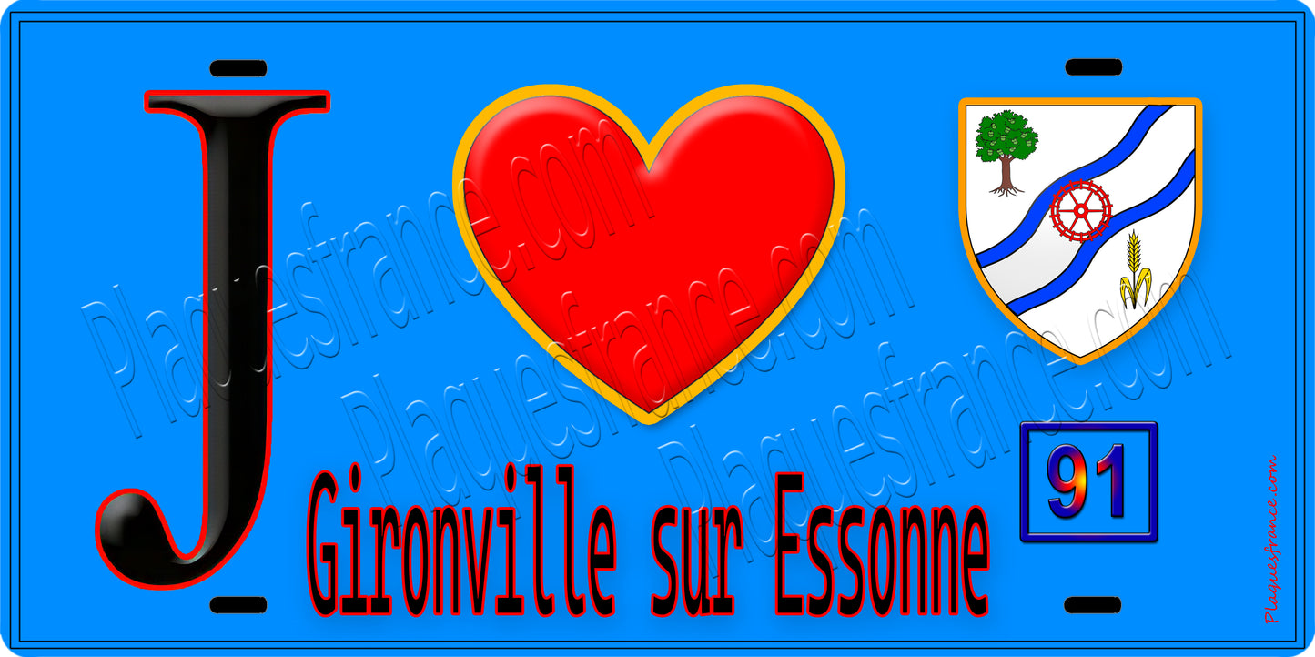 Plaque métal décorative  J' ❤️Gironville-sur-Essonne, Essonne (91) fond bleu