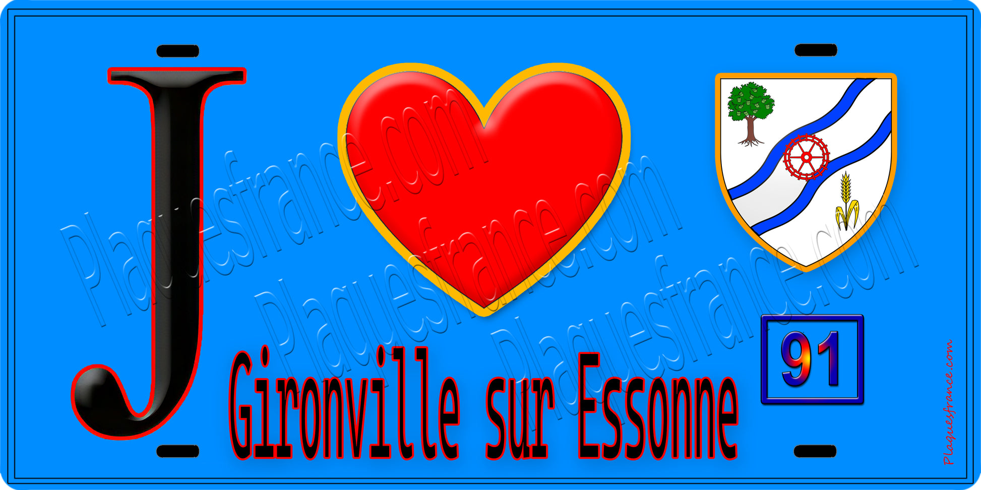 Plaque métal décorative  J' ❤️Gironville-sur-Essonne, Essonne (91) fond bleu