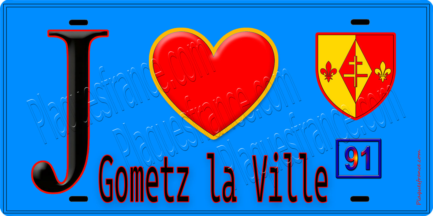 Plaque métal décorative  J' ❤️Gometz-la-Ville, Essonne (91) fond bleu