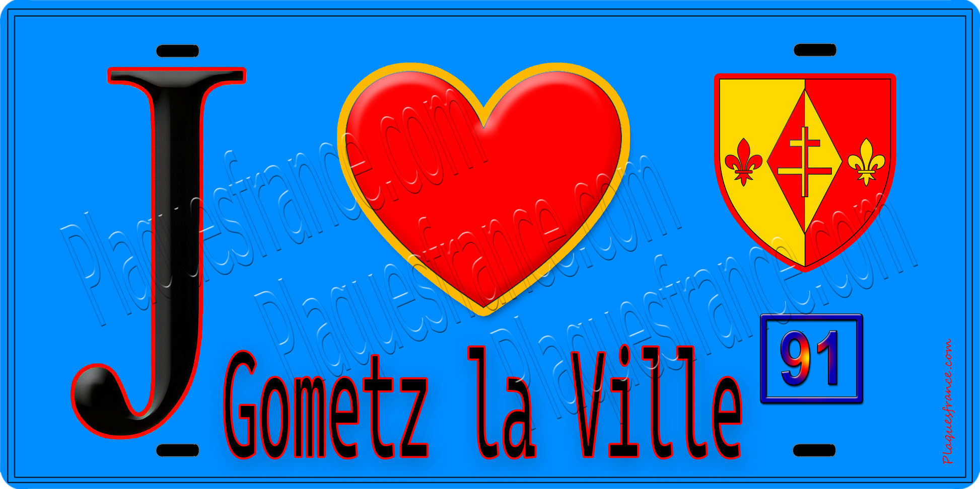 Plaque métal décorative  J' ❤️Gometz-la-Ville, Essonne (91) fond bleu