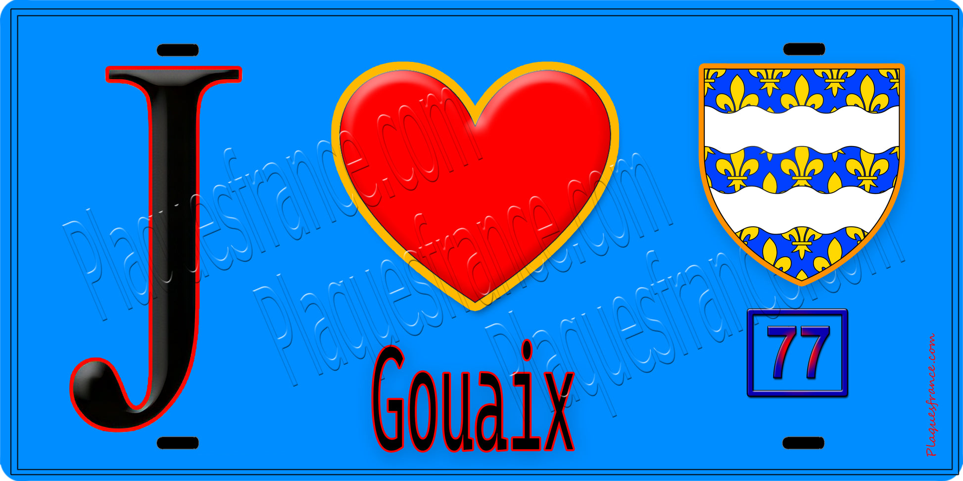 Plaque métal décorative  J' ❤️Gouaix, Seine et Marne (77) fond bleu