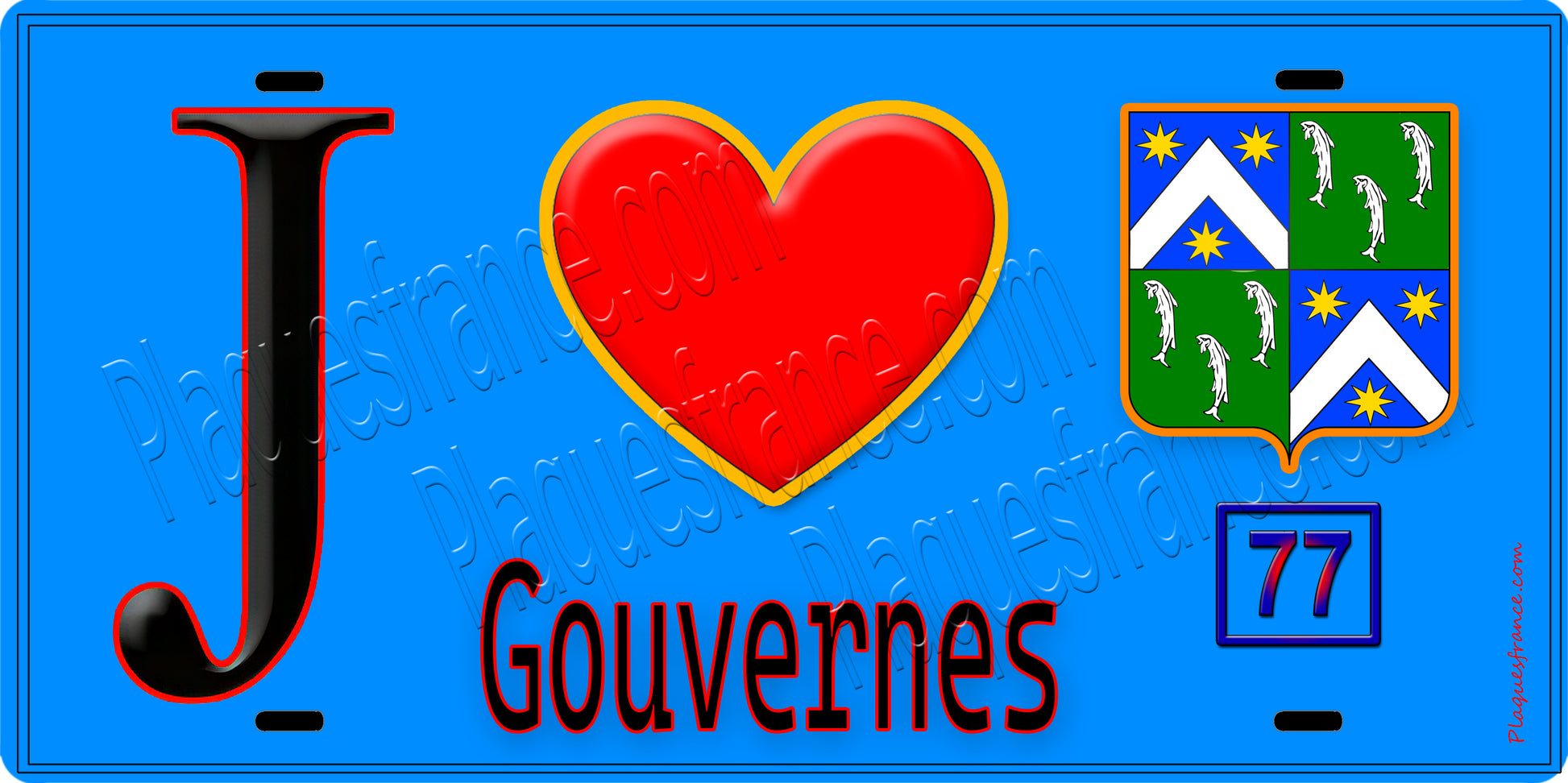 Plaque métal décorative  J' ❤️Gouvernes, Seine et Marne (77) fond bleu