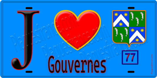 Plaque métal décorative  J' ❤️Gouvernes, Seine et Marne (77) fond bleu