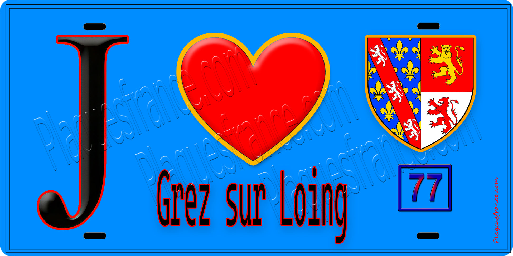 Plaque métal décorative  J' ❤️Grez-sur-Loing, Seine et Marne (77) fond bleu