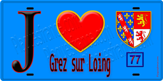 Plaque métal décorative  J' ❤️Grez-sur-Loing, Seine et Marne (77) fond bleu