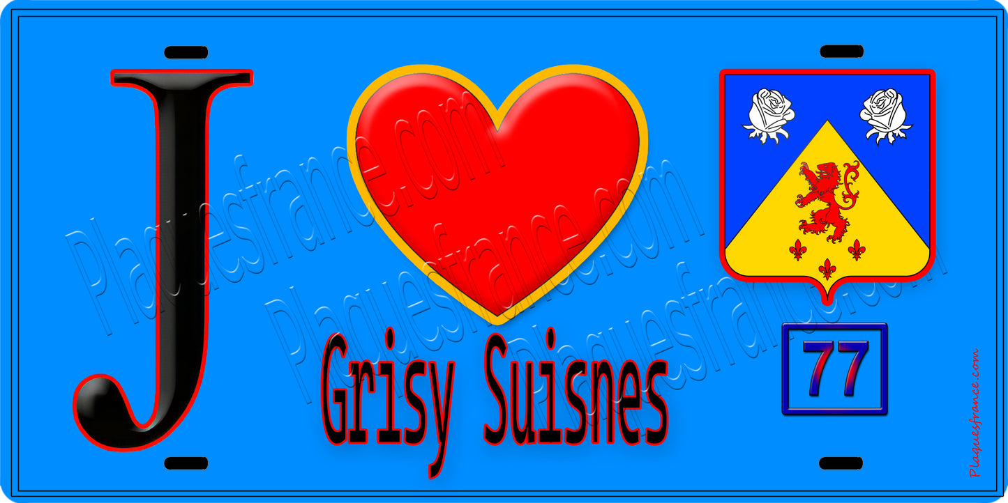 Plaque métal décorative  J' ❤️Grisy-Suisnes, Seine et Marne (77) fond bleu
