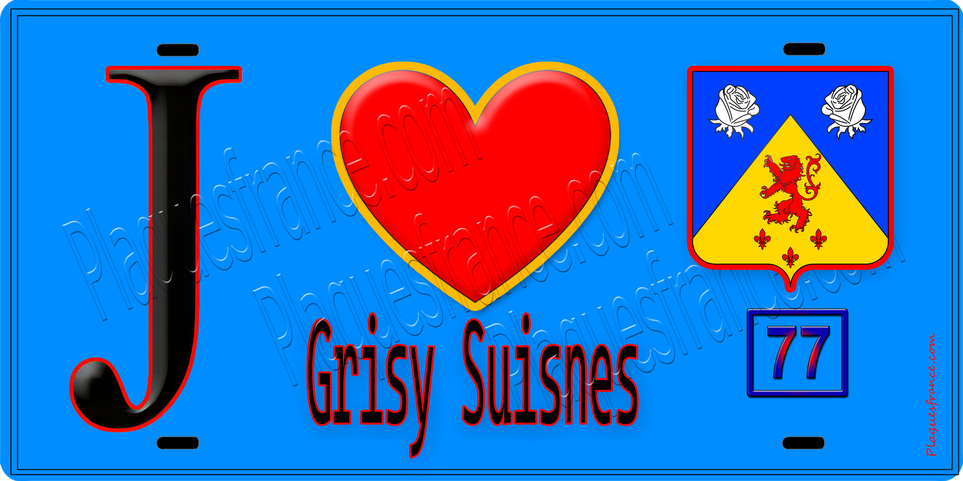 Plaque métal décorative  J' ❤️Grisy-Suisnes, Seine et Marne (77) fond bleu
