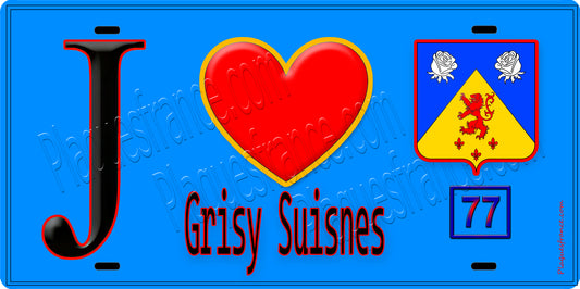 Plaque métal décorative  J' ❤️Grisy-Suisnes, Seine et Marne (77) fond bleu