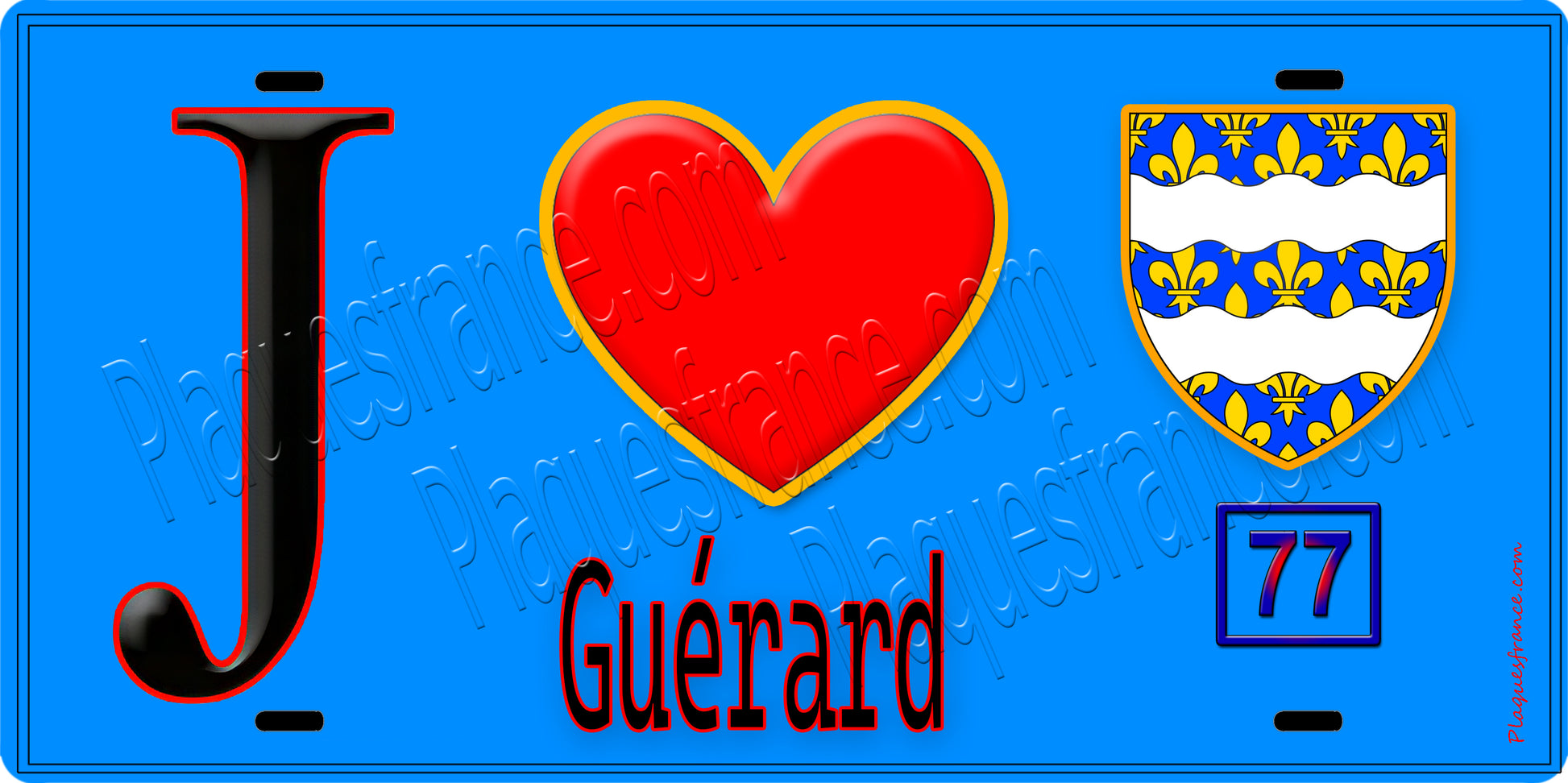 Plaque métal décorative  J' ❤️Guérard, Seine et Marne (77) fond bleu