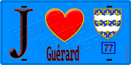Plaque métal décorative  J' ❤️Guérard, Seine et Marne (77) fond bleu