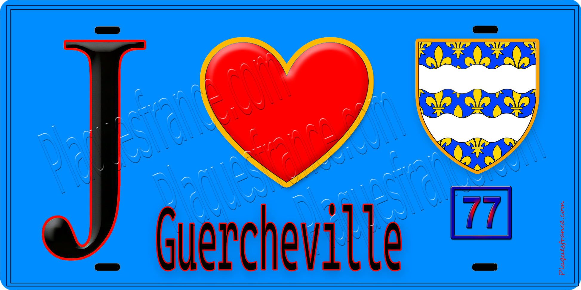 Plaque métal décorative  J' ❤️Guercheville, Seine et Marne (77) fond bleu