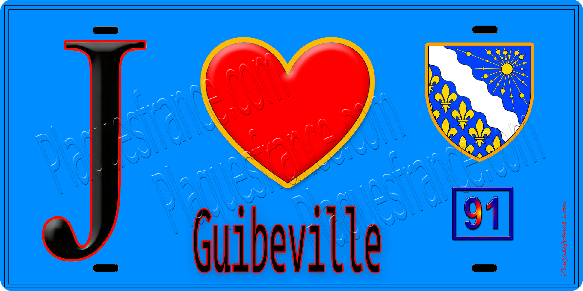 Plaque métal décorative  J' ❤️Guibeville, Essonne (91) fond bleu