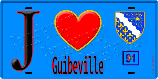 Plaque métal décorative  J' ❤️Guibeville, Essonne (91) fond bleu