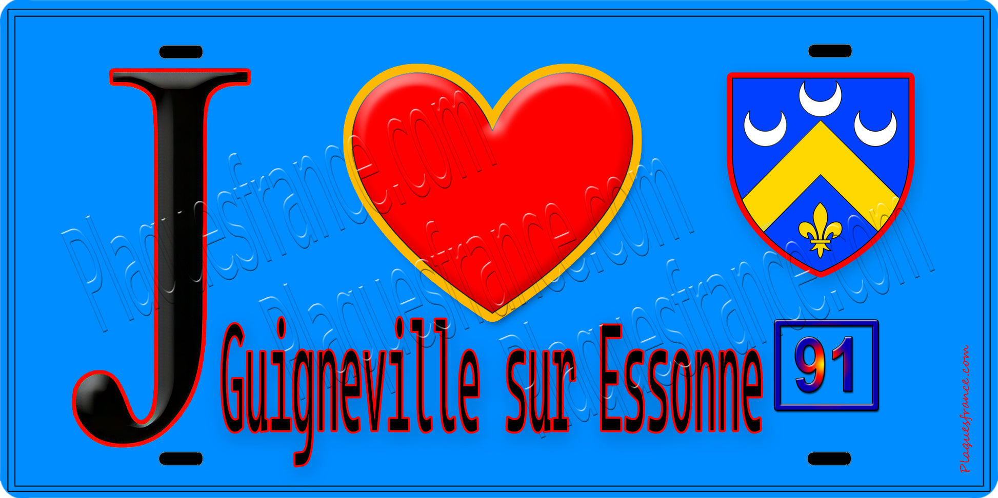 Plaque métal décorative  J' ❤️Guigneville-sur-Essonne, Essonne (91) fond bleu