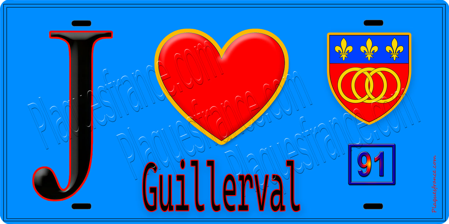 Plaque métal décorative  J' ❤️Guillerval, Essonne (91) bleu