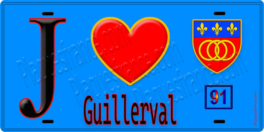 Plaque métal décorative  J' ❤️Guillerval, Essonne (91) bleu