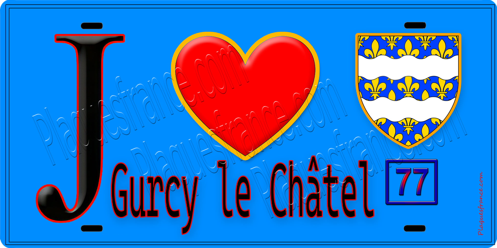 Plaque métal décorative  J' ❤️Gurcy-le-Châtel, Seine et Marne (77) fond bleu