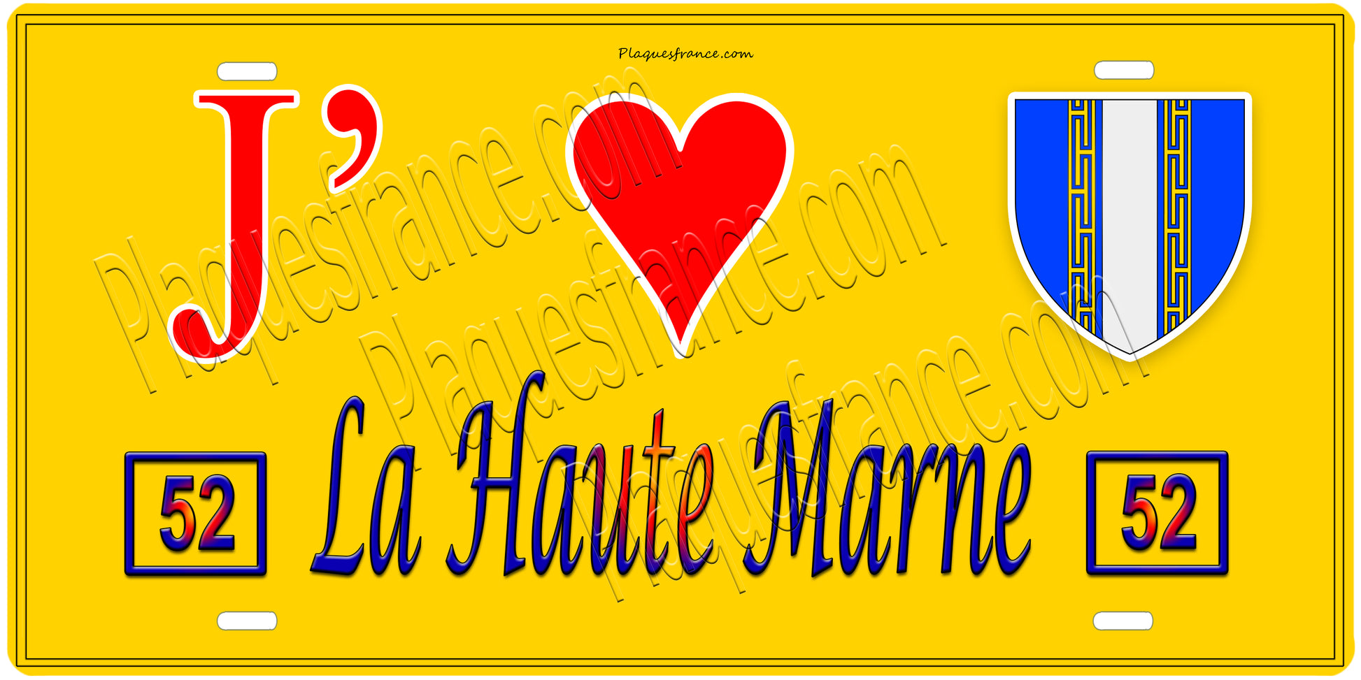 Plaque métal décorative,J'❤️La Haute Marne (52), fond mur jaune 52