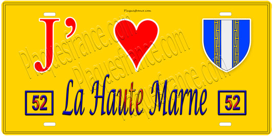 Plaque métal décorative,J'❤️La Haute Marne (52), fond mur jaune 52