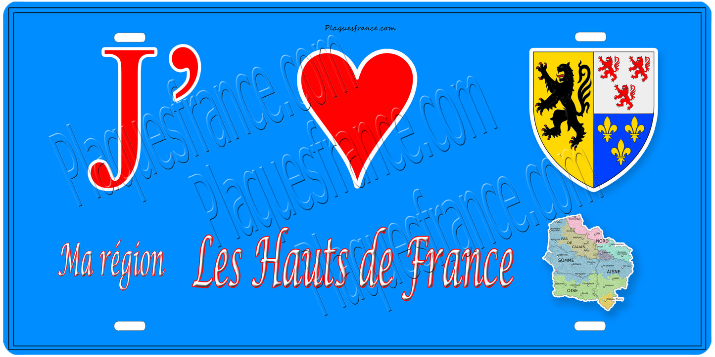 Plaque métal décorative  J' ❤️ ma région, les Hauts de France