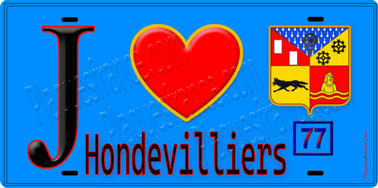 Plaque métal décorative  J' ❤️Hondevilliers, Seine et Marne (77) fond bleu